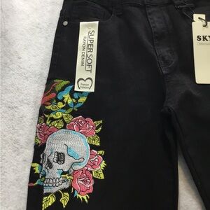 Sky Women’s Black Flare Jeans with Colorful Skull Embroidery SZ 9 NWT